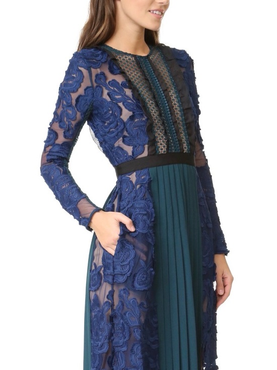 Self-Portrait Dresses & Skirts - Self Portrait Thea Lace Navy & Teal Long Sleeve Lace-Appliqué Evening Dress